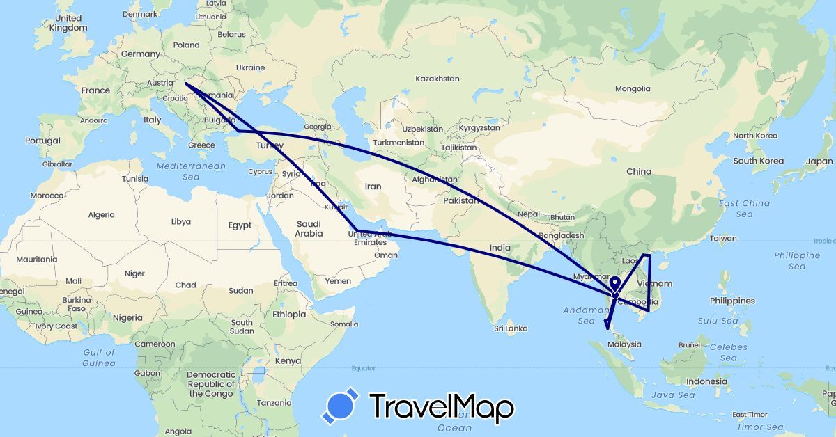 TravelMap itinerary: driving in Hungary, Qatar, Thailand, Turkey, Vietnam (Asia, Europe)